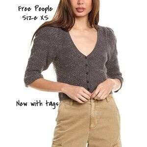 Free People Puff Sleeve Cropped Cardigan in Grey, Size XS - New With Tags